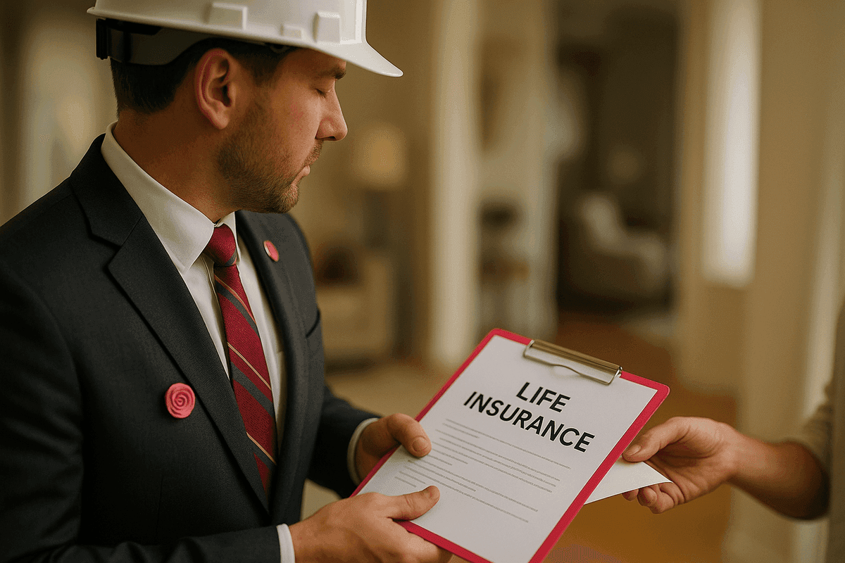 Life insurance agent handing documents to homeowner in softly lit modern home interior